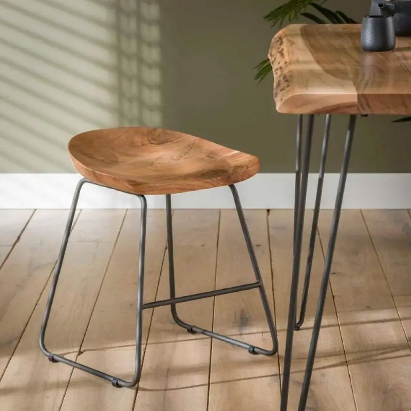 Tabouret bas Industriel Acacia et Métal Lot de 2