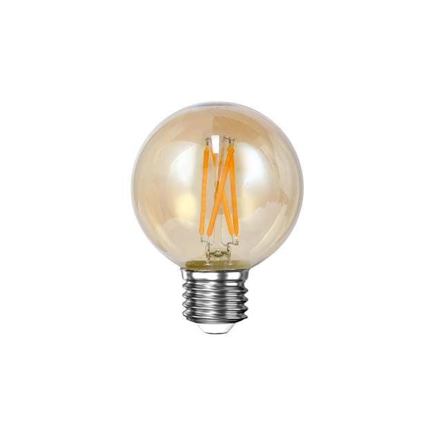 Ampoule LED filament globe avec un filament visible dans une teinte ambrée.