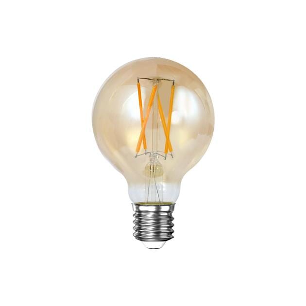 Ampoule LED filament G70 de forme sphérique avec teinte ambrée.