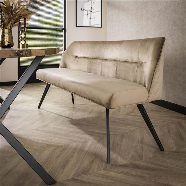 Ensemble table à manger avec banc et chaise en métal et velours.