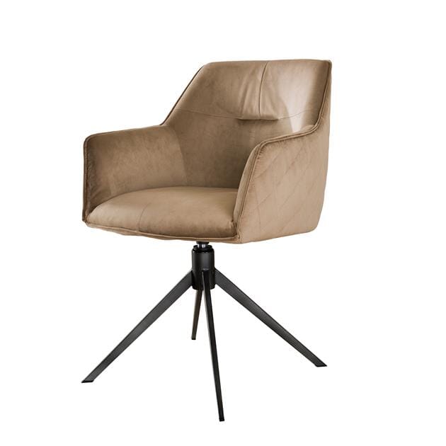 Chaise fauteuil avec accoudoirs en velours beige et structure pivotante
