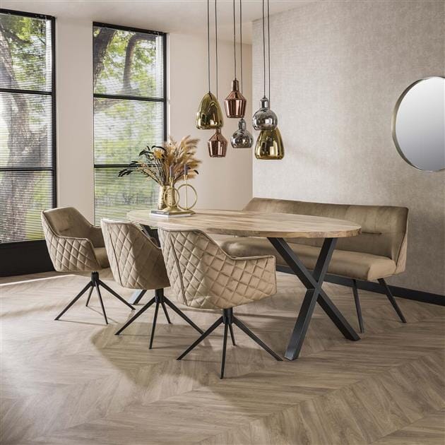 Ensemble de chaises fauteuils en velours beige avec accoudoirs et banc assorti