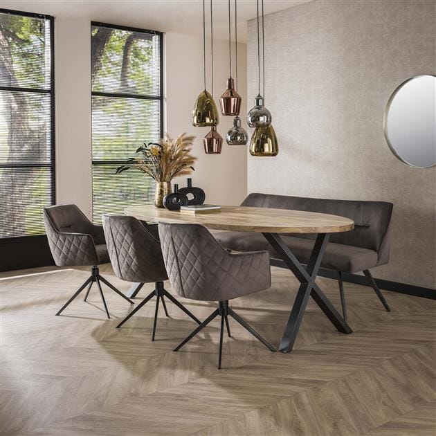 Ensemble de chaises fauteuils en velours gris avec accoudoirs et banc assorti
