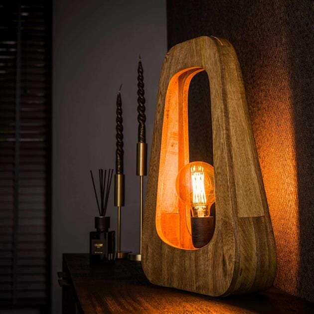 Lampe bureau indus en bois de manguier avec ouverture pour lumière.
