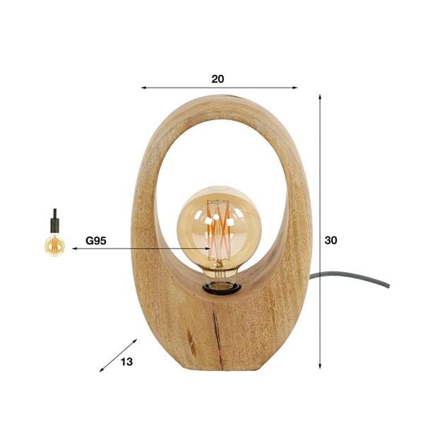 Gros plan de la lampe en bois de manguier, design industriel à poser.