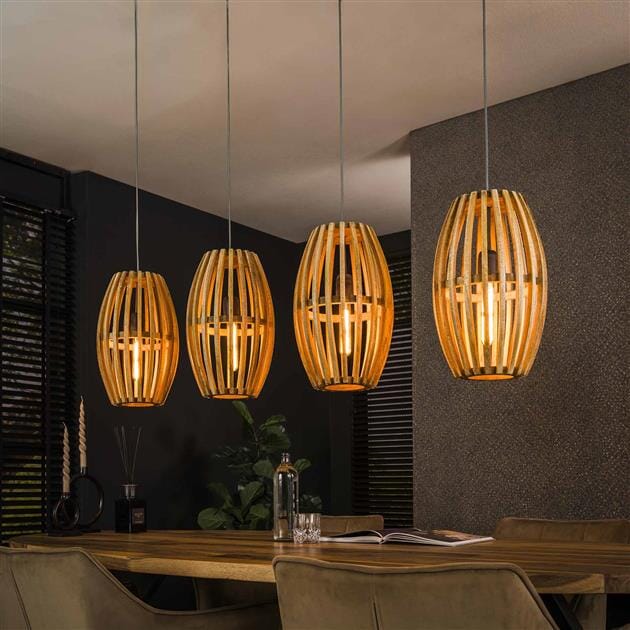 Lustre bois moderne en bois de manguier avec abat-jours réglables.