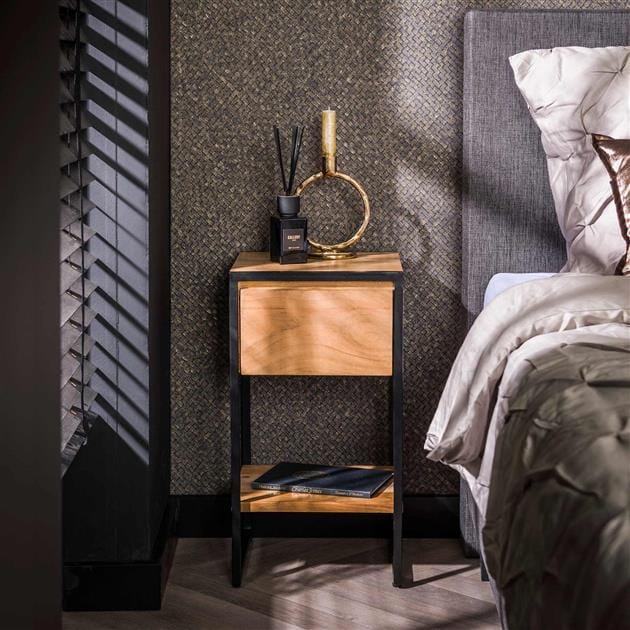 Petite table de chevet en bois d'acacia avec cadre en métal noir