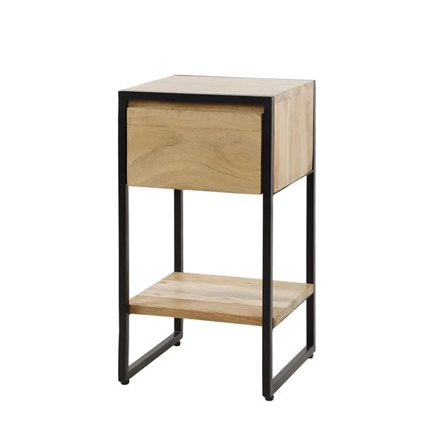 Détail du tiroir en bois d’acacia massif de la table de chevet