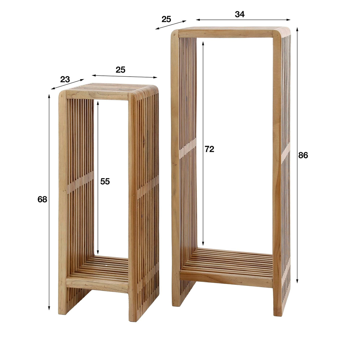 Ensemble de deux sellettes en teck patiné de hauteurs différentes