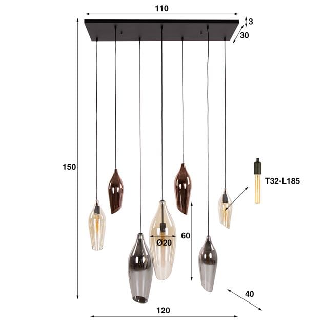 Lampe suspendue avec 7 abat-jours en verre ambre, cuivre et chrome.
