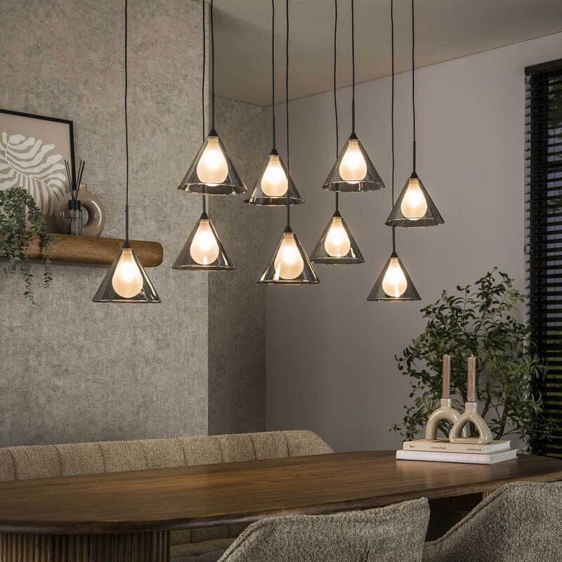 Globo – Suspension lampe de salon 5 flammes – Abat-jour en verre fumé – Structure métal MDF aspect Globo – Suspension lampe de salon 5 flammes – Abat-jour en verre fumé – Structure métal MDF aspect