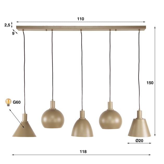 Suspension Métal 5 Lampes Dimensions