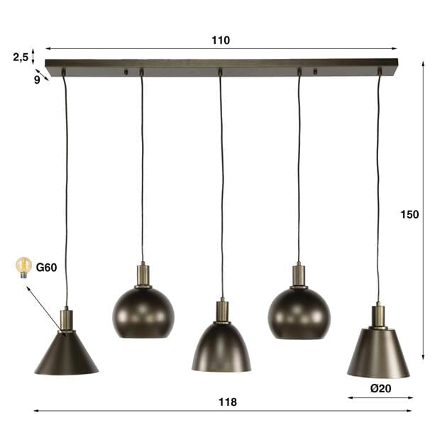Suspension Métal 5 Lampes Noir Dimensions