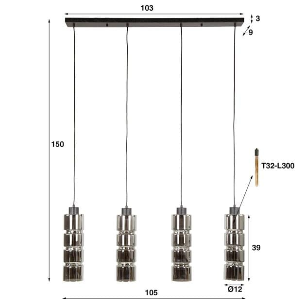 Détail des abat-jours en verre chromé réglables individuellement sur la suspension design.