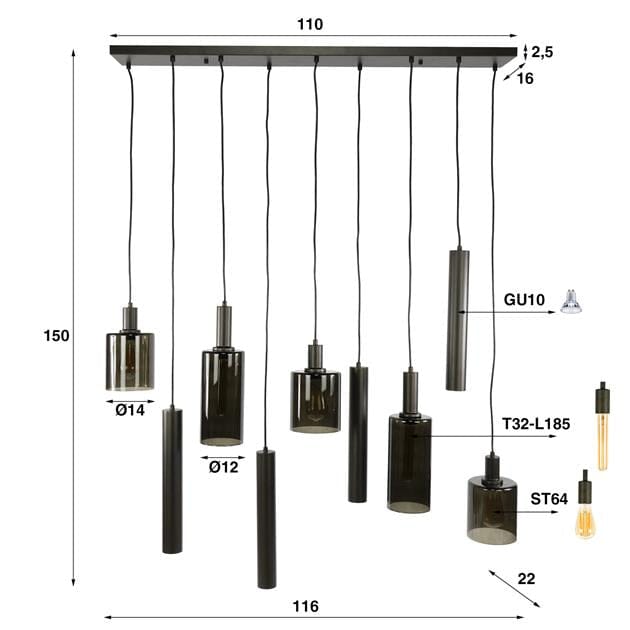 Suspension Verre et Metal 9 Lampes Dimensions