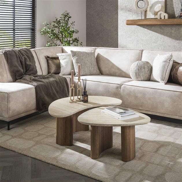 Table basse forme organique en travertin et bois