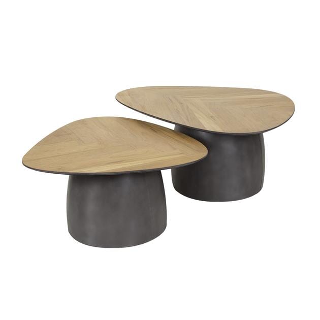 Ensemble de deux tables basses en teck avec pieds métalliques noirs
