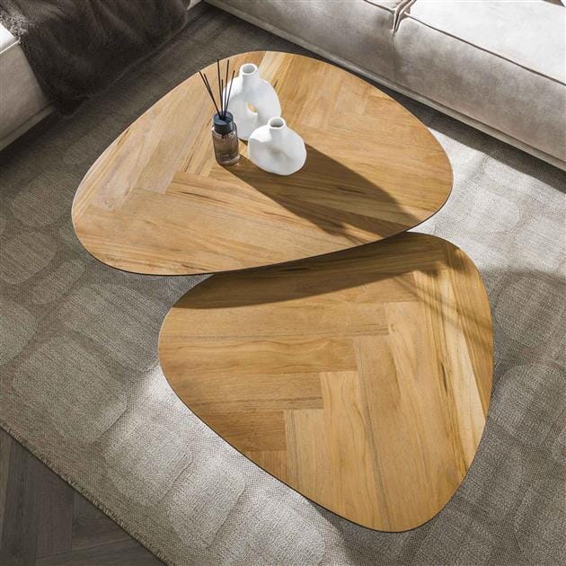 Table basse pied métal avec plateau en teck à chevrons, vue de dessus