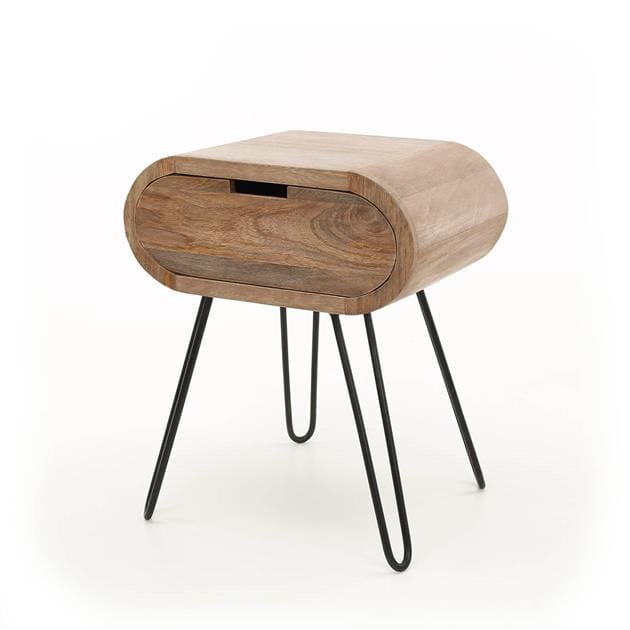 Table de chevet ronde en bois de manguier avec cadre métallique noir
