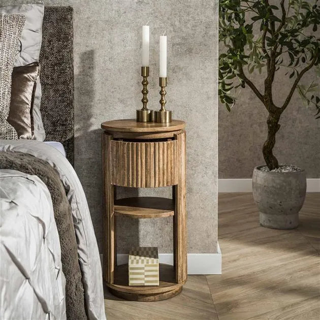 Table de Chevet Ronde en Bois Tiroir