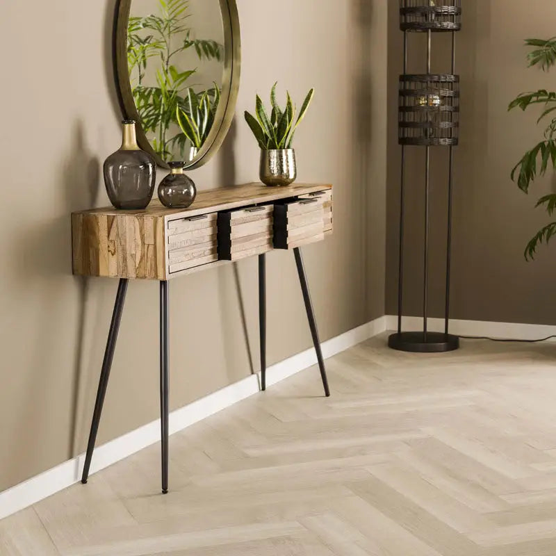 Table d&#39;Entrée Industrielle En Bois De teck En Bandes Et Métal lyadesign 