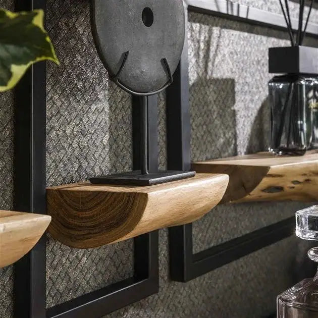 detail Ensemble d&#39;étagères murales en bois d&#39;acacia naturel et métal 