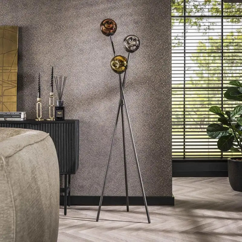Lampadaire 3 ampoules avec globes en verre chromé, doré