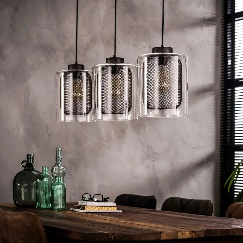 Suspension contemporaine maille et verre 3 lampes lyadesign 