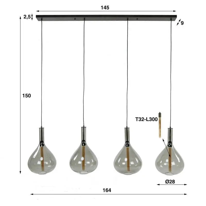 Suspension Verre Fume 4 Lampes dimensions