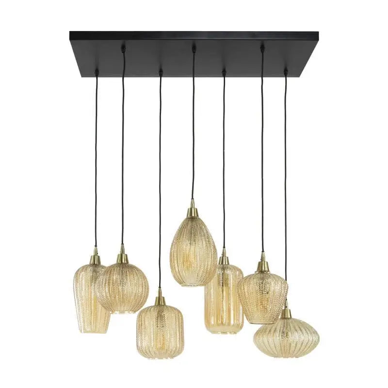 Vue latérale de la Suspension Verre Jaune 7 Lampes, mettant en évidence son design contemporain