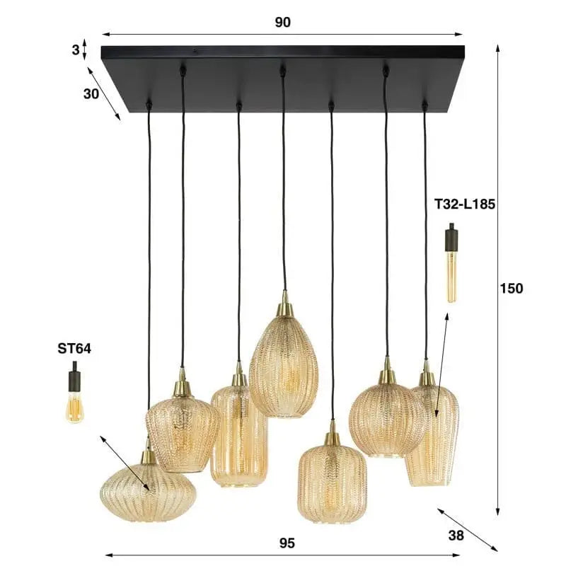 Suspension Verre Jaune 7 Lampes dimensions