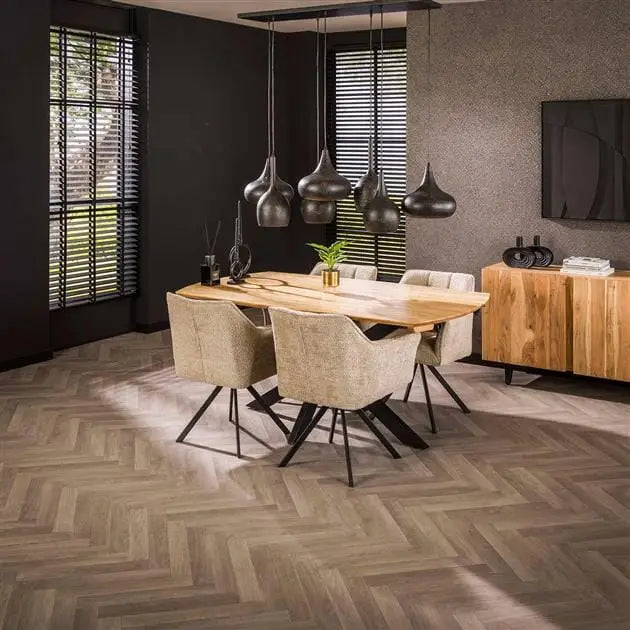 Table à manger extensible moderne avec une extension dissimulée sous le plateau.