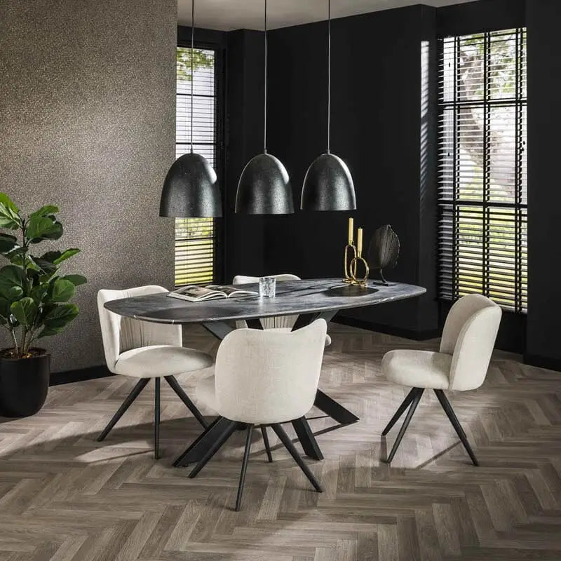 Table à manger ovale en mélamine avec cadre en acier, vue de dessus, aspect marbré