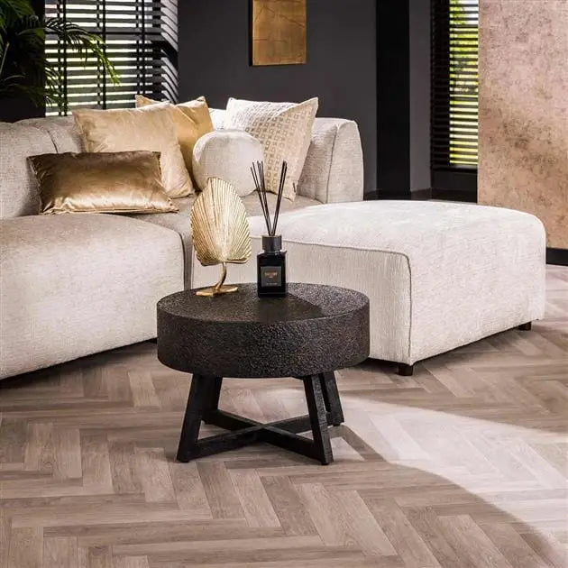 Table basse ronde en métal liquide avec finition bronze/brun