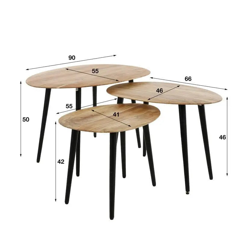 Vue détaillée des bords légèrement inclinés des tables d&#39;appoint en bois d&#39;acacia massif, soulignant leur design italien et leur touche artistique.