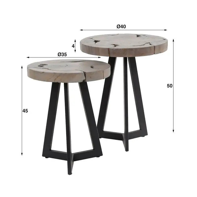 Gros plan sur les détails du cadre en acier noir des tables d'appoint en bois de teck, soulignant leur solidité et leur finition haut de gamme