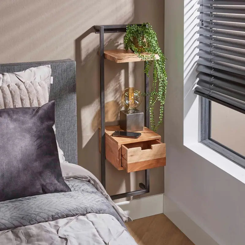 Table De Chevet Suspendue  Acacia tiroirs ouvert