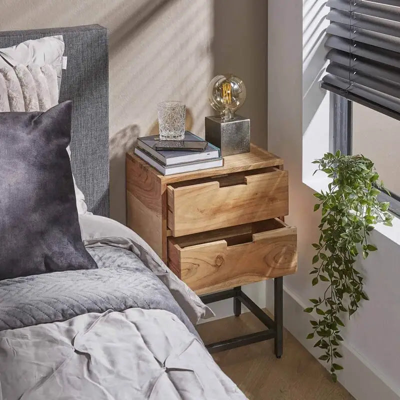 Table De Nuit carree Acacia 2 Tiroirs