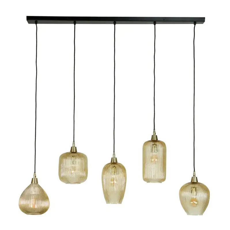 Suspension Industrielle Verre 5 Abat-jours Mixtes Lignés lyadesign 