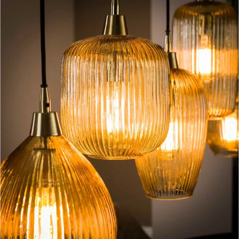 Suspension Industrielle Verre 5 Abat-jours Mixtes Lignés lyadesign 