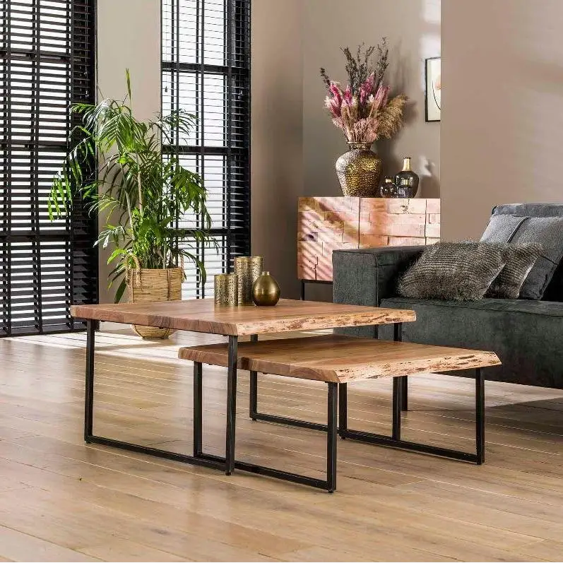 Table Basse Industrielle Bois Recyclé Acacia naturel Set de 2